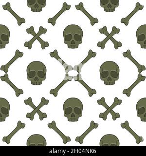 Set of seamless patterns with skull and bones. Vector colored backgrounds on white. Stock Vector