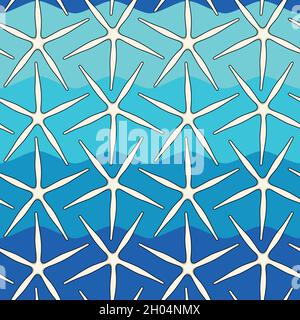 Seamless color pattern with starfish on a background of sea waves. Summer vector background. Stock Vector
