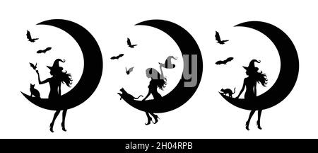 Set of silhouettes of witches with the moon. Stock Vector