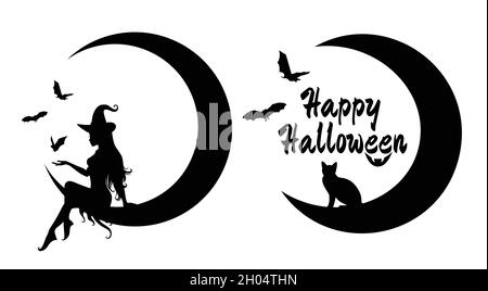 Set of silhouettes of witches with the moon. Stock Vector