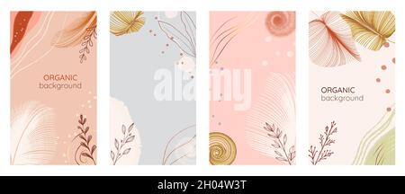 Social media stories set of abstract modern backgrounds with gold and pastel color combinations, organic hand-drawn shapes, and leaves. Stock Vector