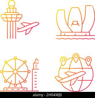 Tourist attractions in Singapore gradient linear vector icons set Stock Vector