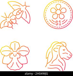 National animal and flower of Singapore gradient linear vector icons set Stock Vector