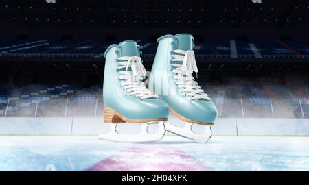 Blank ice rink surface blue skates background mockup, front view, 3d rendering. Empty colored shoelace on skating-rink mock up. Clear sporty tournamen Stock Photo