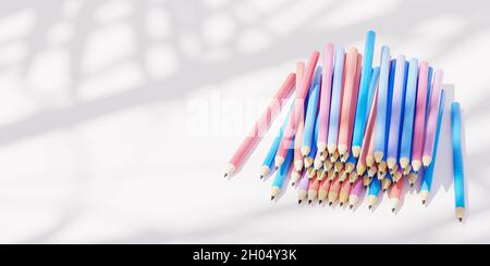 Graphite pencils on white background with shadows and sunlight, banner with copy space, 3d render Stock Photo