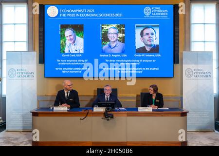 (211011) -- STOCKHOLM, Oct. 11, 2021 (Xinhua) -- Portraits of the 2021 Nobel laureates in Economics are seen at the Royal Swedish Academy of Sciences in Stockholm, Sweden, on Oct. 11, 2021. Three economists have won the 2021 Nobel Prize in Economics, or officially the Sveriges Riksbank Prize in Economic Sciences in Memory of Alfred Nobel. The Royal Swedish Academy of Sciences said on Monday it has decided to award the prize with one half to David Card, 'for his empirical contributions to labor economics,' and the other half jointly to Joshua D. Angrist and Guido W. Imbens, 'for their methodo Stock Photo