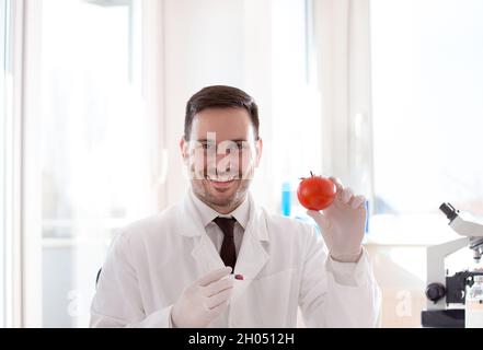 Young scientist doing research on tomato in laboratory Stock Photo