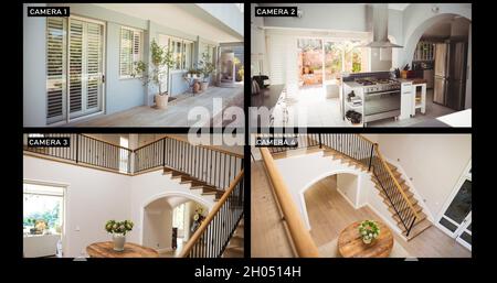 Composite of views from four security cameras in family home, showing stairs, terrace and kitchen Stock Photo
