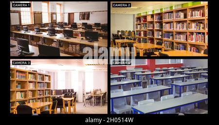 Composite of views from four security cameras in different areas at a school Stock Photo