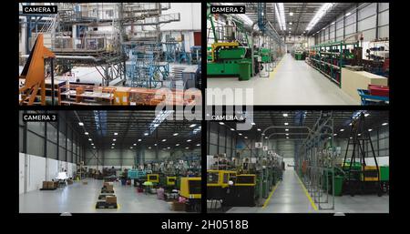 Composite of views from four security cameras in different areas at a factory Stock Photo