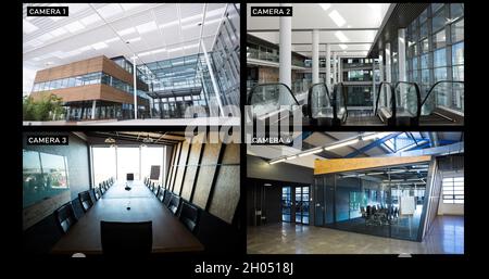Composite of views from four security cameras showing lobby and rooms at business offices Stock Photo