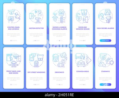 Property security blue gradient onboarding mobile app page screen set Stock Vector