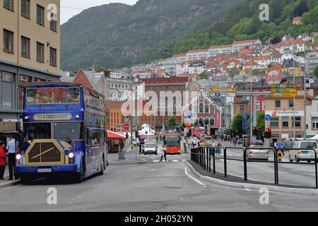 Bergen, Norway - Jun 13, 2012: Tourist bus on city street Stock Photo
