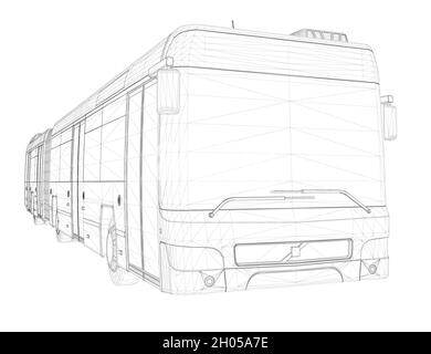 Wireframe of a long bus from black lines isolated on white background. Perspective view. 3D. Vector illustration. Stock Vector