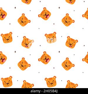 Tiger seamless pattern. Endless print with cute faces of a wild animal. Wallpaper and bedding design template for children's bedroom. Image for baby Stock Vector