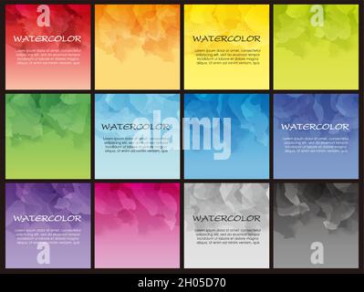 Set Of Square Card Templates With Text Space And Watercolor Paintings. Vector Illustration Isolated On A Dark Background. Stock Vector