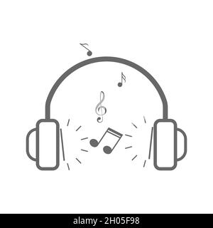 A headphone with musical notes. Flat style illustration isolated on white background. Stock Vector