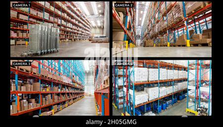 Composite of views from four security cameras in different areas at commercial warehouse Stock Photo