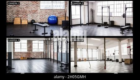Composite of views from four security cameras in different areas at a gym Stock Photo