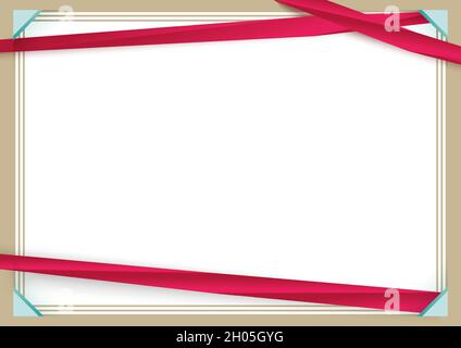 Certificate with red ribbon and paper green corner, Beige flat line birder. Stock Vector