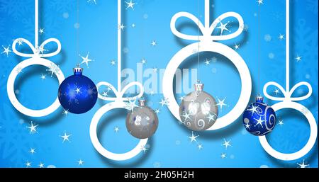 Image of christmas balls over stars on blue background Stock Photo