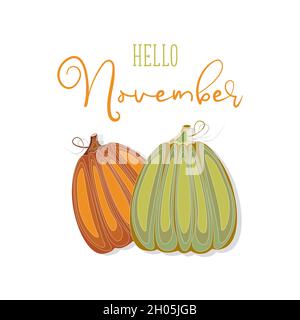 Hello pumpkin, autumn card, pumpkin orange and green, inscription, on a white background. Vector illustration Stock Vector