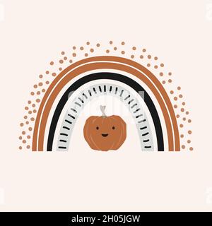 Autumn colored rainbow with a cute pumpkin. Good for Thanksgiving or Halloween decoration, poster, greeting card, banner, textile, gift, shirt, or mug Stock Vector