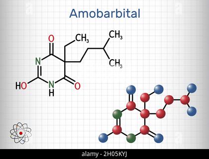 Amobarbital, amylobarbitone, sodium amytal drug molecule. It is barbiturate derivative with hypnotic and sedative properties. Sheet of paper in a cage Stock Vector