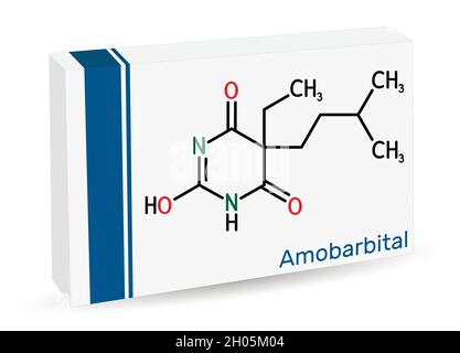 Amobarbital, amylobarbitone, sodium amytal drug molecule. It is barbiturate derivative with hypnotic and sedative properties. Skeletal chemical formul Stock Vector