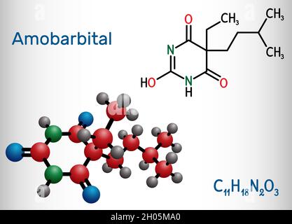 Amobarbital, amylobarbitone, sodium amytal drug molecule. It is barbiturate derivative with hypnotic and sedative properties. Structural chemical form Stock Vector
