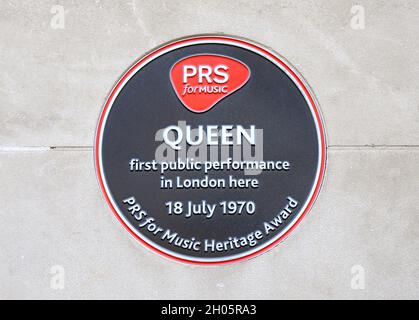 London, UK. Commemorative plaque: 'Queen, first public performance in London here, 18 July 1970. PRS for Musical Heritage Award' at Imperial College U Stock Photo