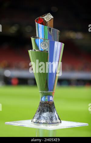 Uefa Nations League trophy is exposed before the Uefa Nations League