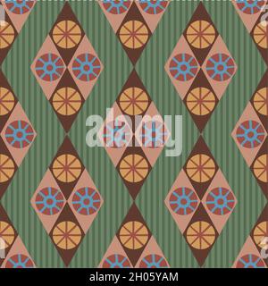 Abstract stylized sun and star diamond shape seamless vector pattern background. Azulejo style repeat with ancient Egypt inspired rhombus motifs ochre Stock Vector