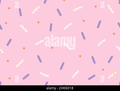 Confetti seamless pattern. Vector illustration in flat design. Cute texture in pastel color with wavy and round confetti on pink backdrop Stock Vector