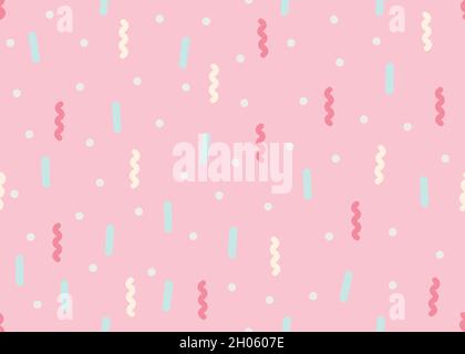 Party decoration. Vector seamless pattern in flat design. Cute various colorful confetti on pink backdrop Stock Vector