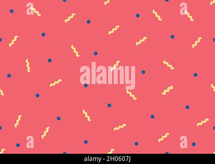 Vector illustration with confetti. Seamless pattern in minimal style. Colorful round and wavy decoration on red background Stock Vector