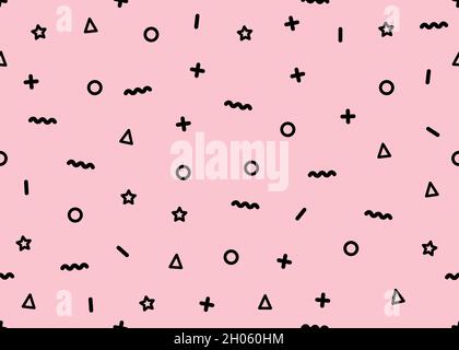 Memphis seamless pattern 80's-90's style. Vector illustration. Cute texture with black random geometric shapes on pink background Stock Vector