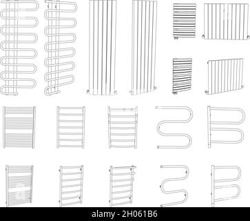Vector set of outline towel rails, dryer rack radiators isolated on white Stock Vector