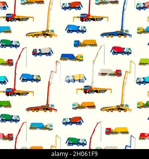 Concrete mixer and pump trucks repeating pattern, vector illustration Stock Vector