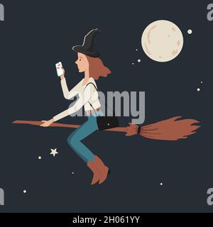 Halloween flying witch on a broomstick with Smartphone in her hands. Woman character. Modern flat cartoon colorful vector illustration Stock Vector