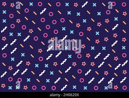 Vector illustration with memphis pattern in flat design. Various colorful geometric shapes on deep purple background Stock Vector