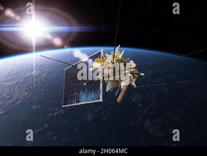 Modern meteorological space satellite monitoring Earth from orbit Stock Photo