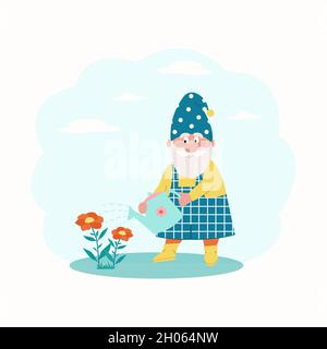 little dwarf waters the flowers in the garden. Vector characters in flat style Stock Vector
