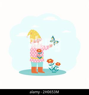 Little dwarf catching a butterfly. Vector characters in flat style Stock Vector