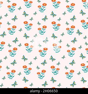 Flowers and butterflies seamless pattern. Vector print in flat style Stock Vector