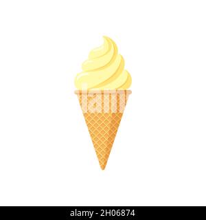 Delicious yellow ice cream brulee in waffle cone. Vanilla taste isolated twisted ice-cream on white background. Cute flat style product design vector eps illustration Stock Vector