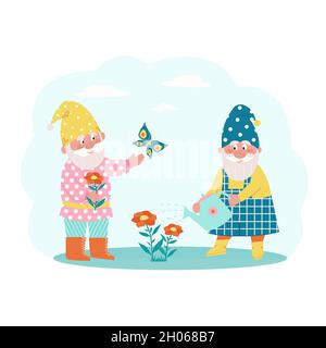 Cute little gnomes watering flowers. Vector characters in flat style Stock Vector