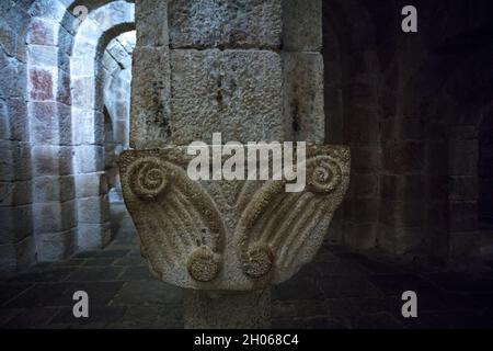 Capitel from the crypt in the romanesque monastery of Leyre, Navarra. Spain. Stock Photo