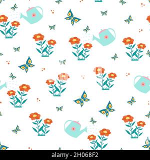 Watering can Flowers and butterflies seamless pattern. Vector print in flat style Stock Vector