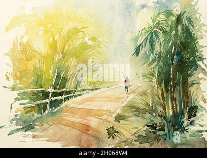 Watercolor painting of Indian village road with trees on both sides, in the morning. A sweeper man dcleaning the roadside with sweep. Stock Photo